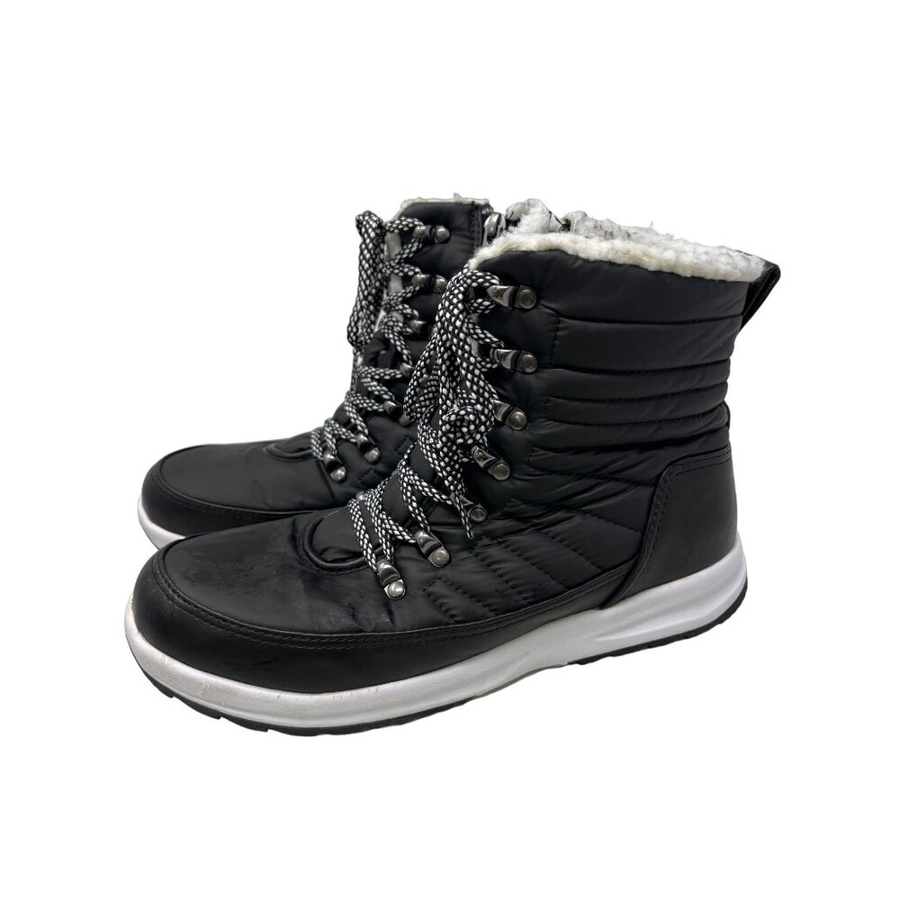 Khombu Black Quilted Lace-Up Winter Boots Size 9 Shearling Lining Side Zipper Cl
